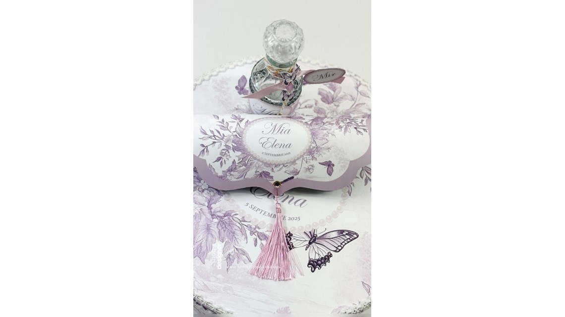 Trusou botez Purple Toile cu fluturi și flori mov personalizat 10
